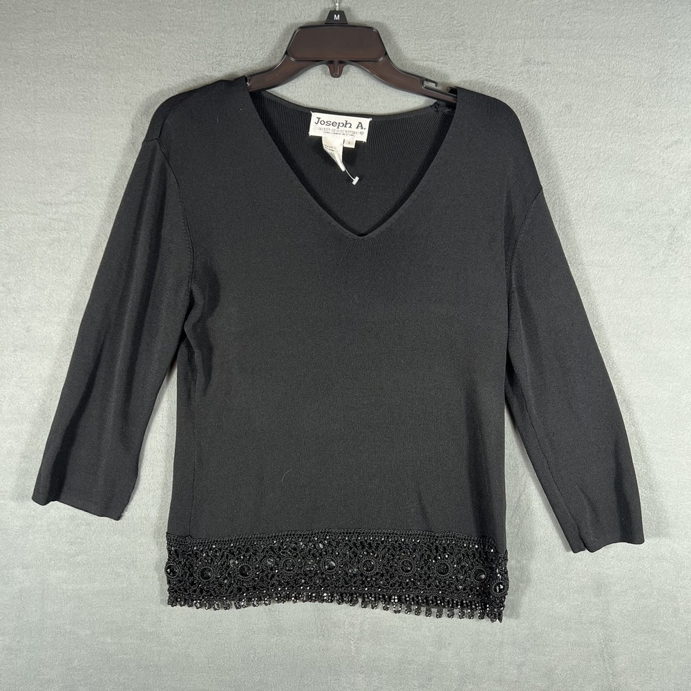 Joseph A. Women's Black V-Neck Knit Top‎ Sweater L Large Beaded Crochet Hem 3/4